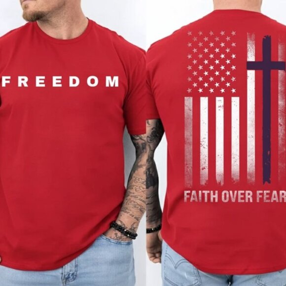Charlie Kirk Memorial Shirt Faith Over Fear Freedom USA Flag Christian Tee - Picture 1 of 2